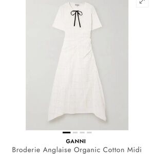 Ganni White Cotton Midi Dress with Black Tie
